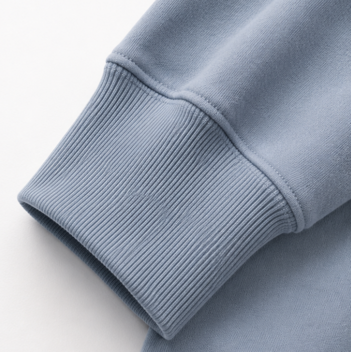 Close-up of a light blue sweater sleeve on a white background